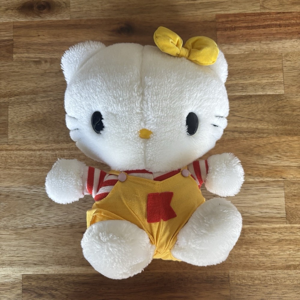 Vintage Sanrio Hello Kitty Plush Stuffed Toy Rare Yellow Overalls & Bow 80s